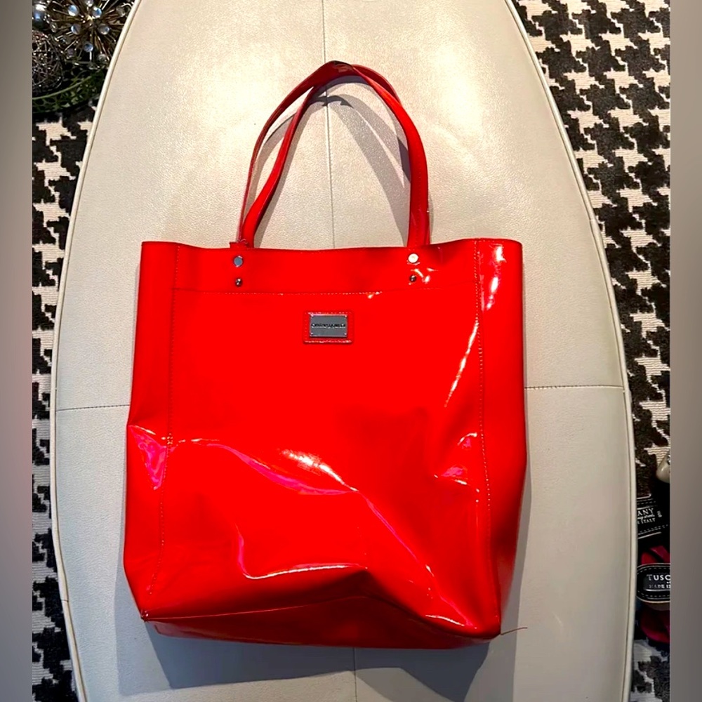 Cynthia Rowley Patent Leather Tote Bag Orange Handbag Minimalist